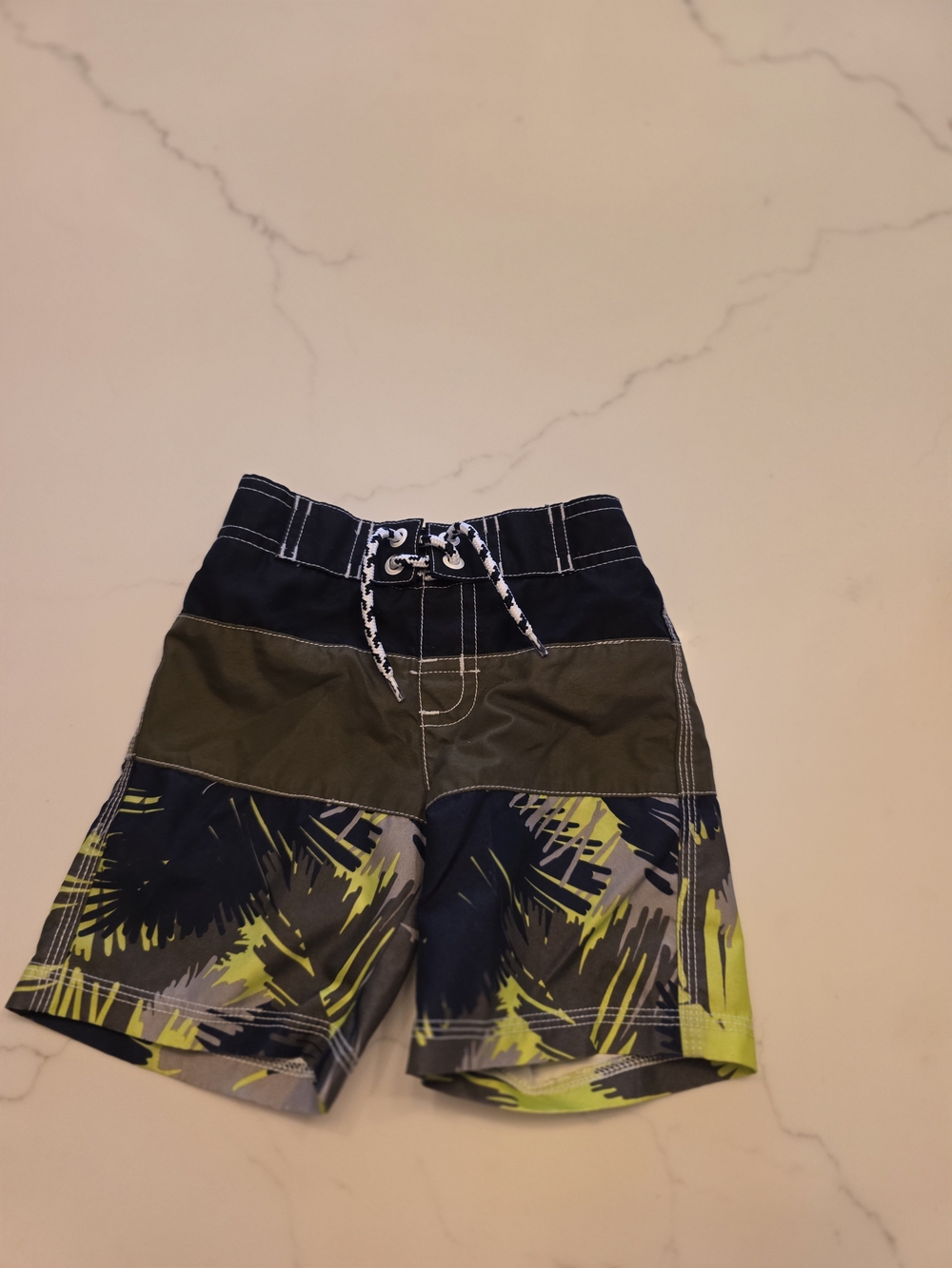 Gymboree Navy, Olive & Neon Yellow Palm-Pattern Swim Trunks